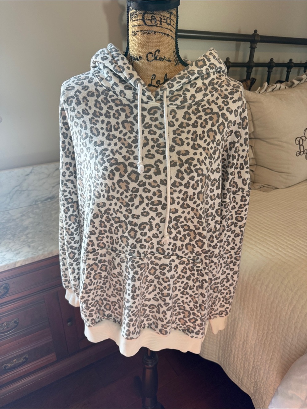 American Eagle Outfitters Taupe and White Leopard Print Hooded Pullover